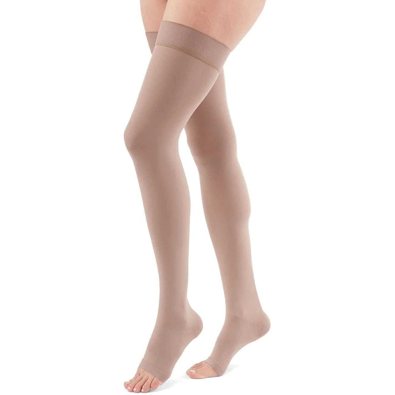 Duomed Advantage 15-20mmHg Compression Stocking with Beaded Top Band Petite Open Toe, Almond, Small - Pair - Image 1