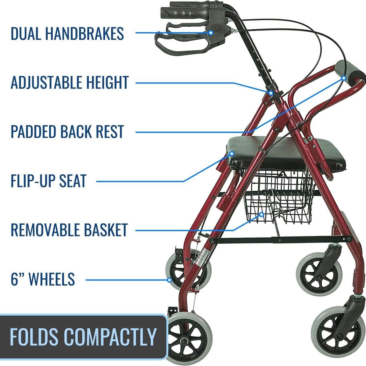 Healthsmart Ultra Lightweight Folding Aluminum Rollator Walker with Storage Basket, 300 lb - Image 3