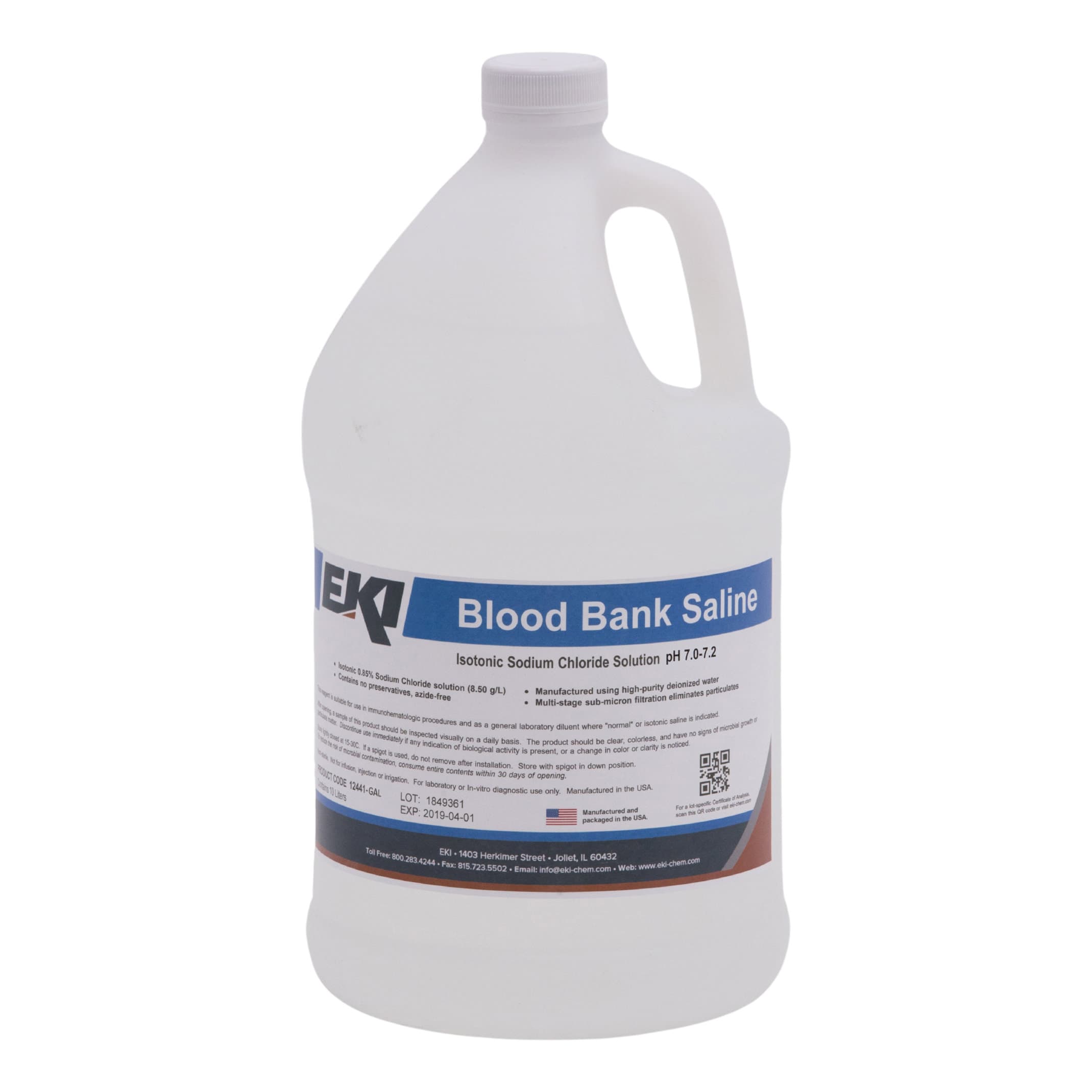 EKI Saline Blood Bank Immunohematology Reagent Solution, 0.85, 1 Gl - Case of 4 - Image 1