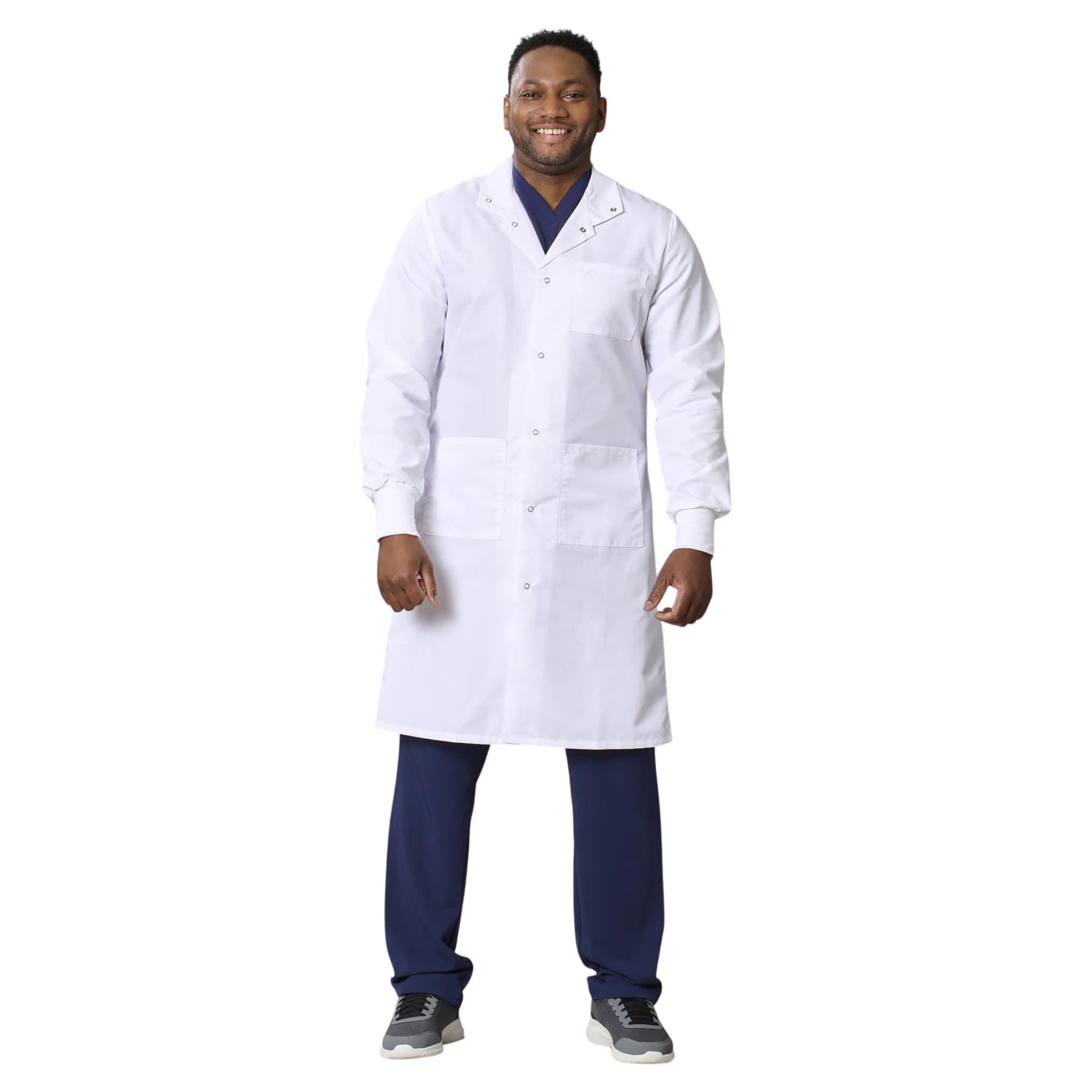Medline Propel Unisex 4-Pocket Full-Length Lab Coat with Knit Cuff and Snap Button, Large - Each - Image 1