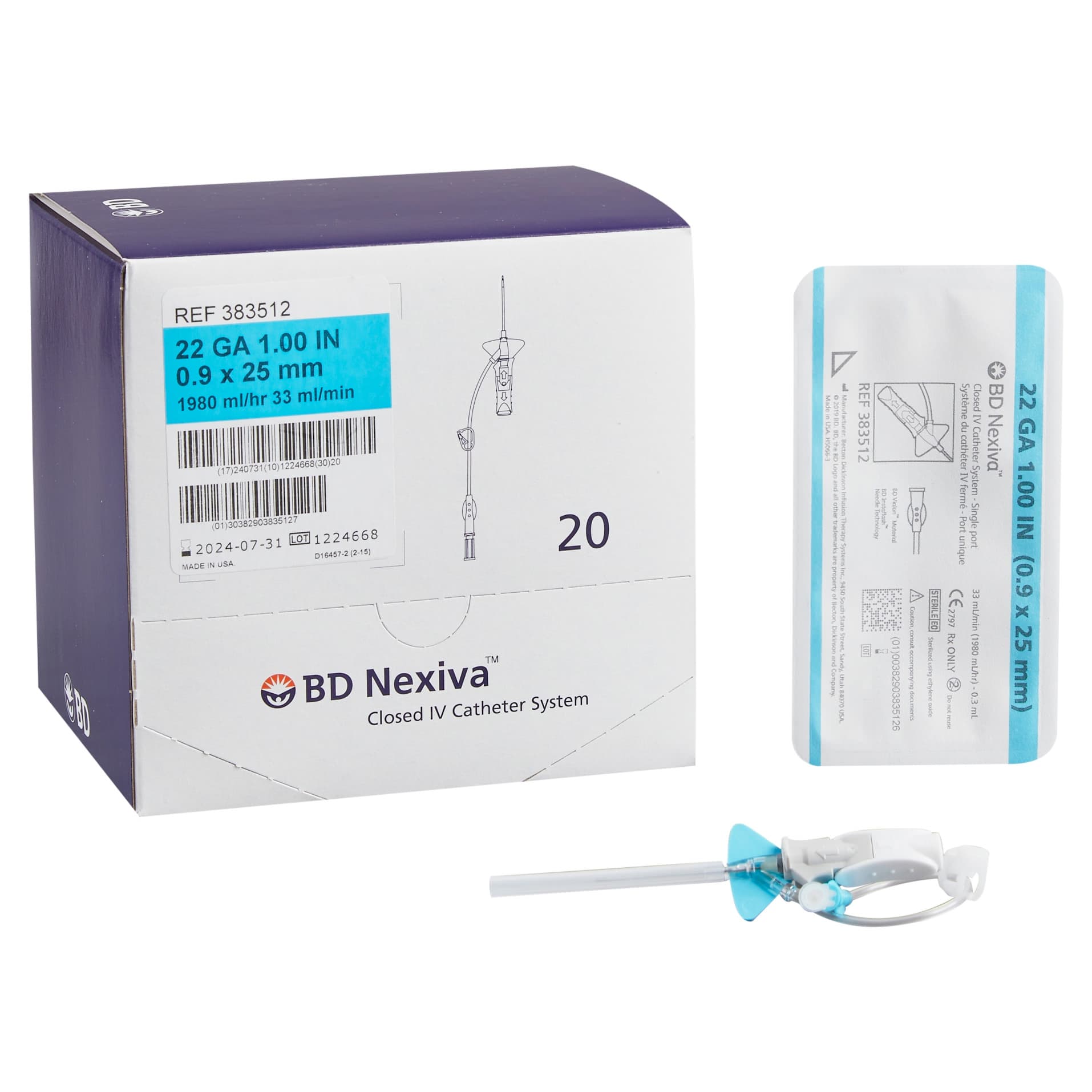 BD Nexiva Sliding Closed IV Catheter, Blue, 22 Gauge, 1 Inch - Box of 20 - Image 1