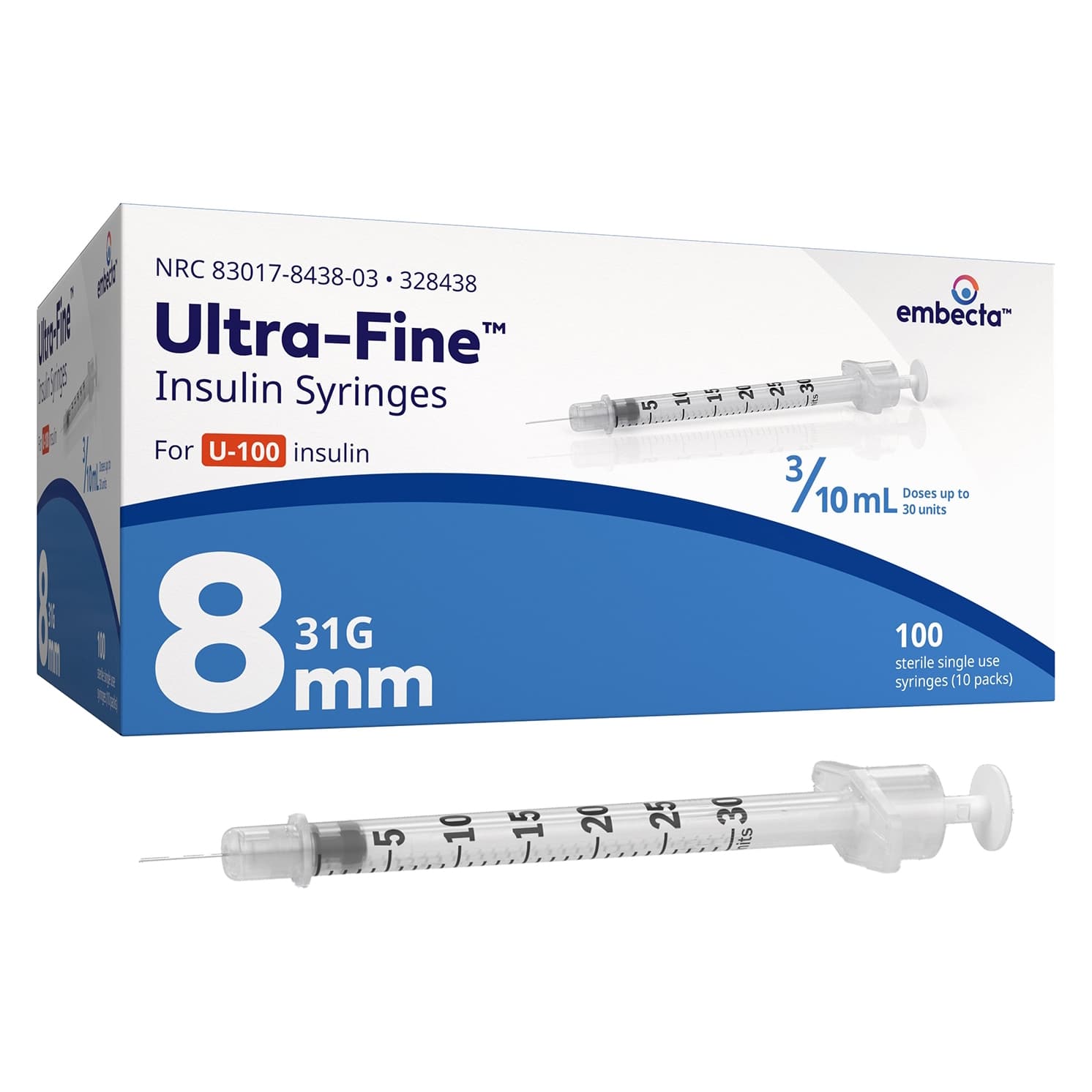 Embecta Ultra-Fine Insulin Syringes, 31 Gauge, 8 mm, 0.3 mL - Box of 100 - Image 1
