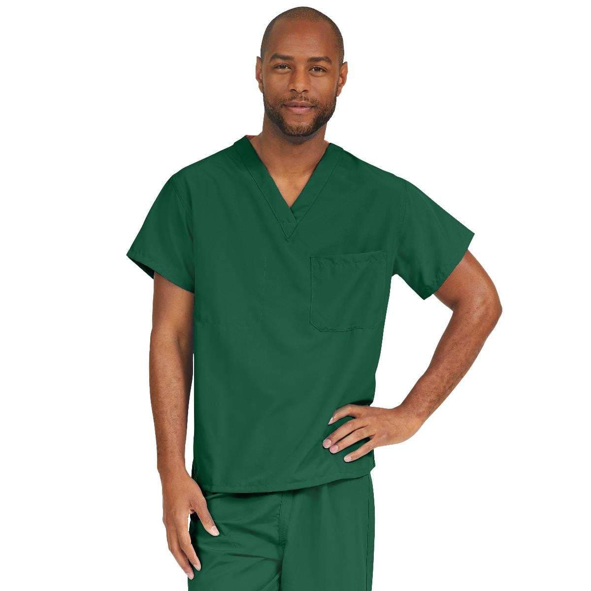 Performax Unisex Reversible V-neck Scrub Tops, Evergreen, Medium - Image 1