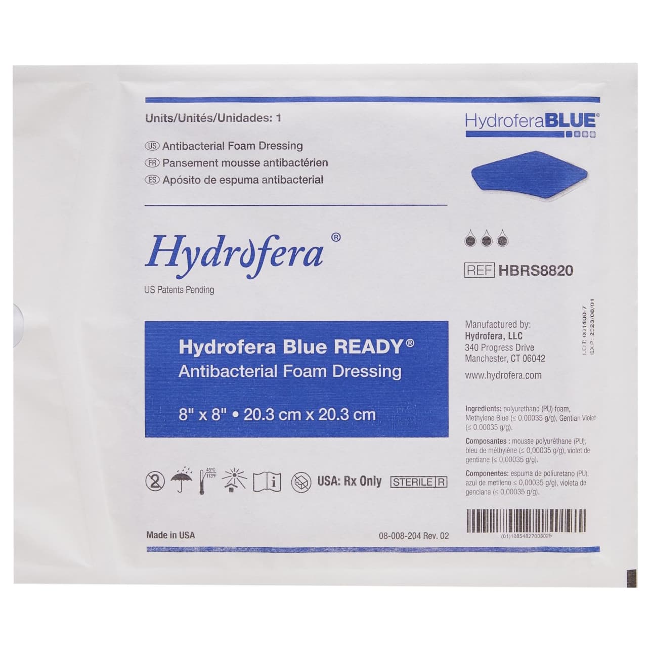 Hydrofera Blue READY Antibacterial Foam Dressing, 8 x 8 Inch - Each - Image 1