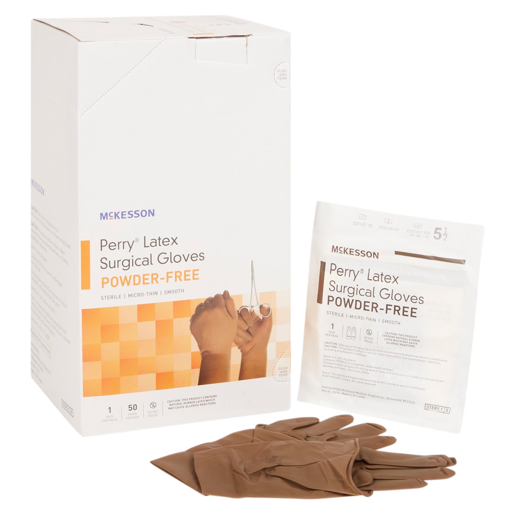 McKesson Perry Latex Powder Free Surgical Glove, Size 5.5, Brown - Box of 100 - Image 1