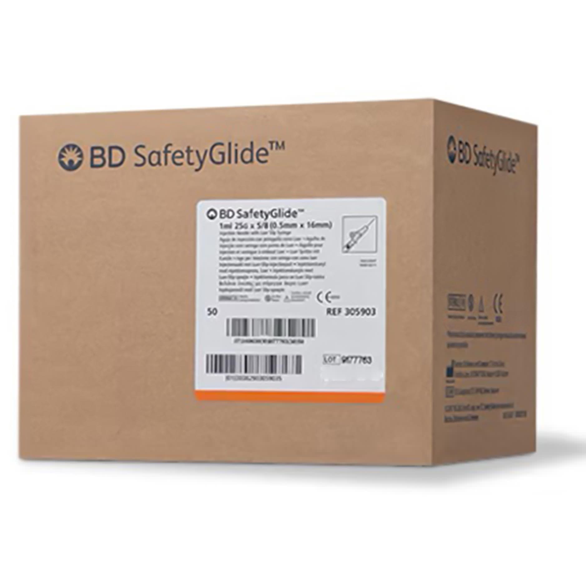 BD SafetyGlide Safety Hypodermic Syringe with Needle, 25 Gauge - Box of 50 - Image 1