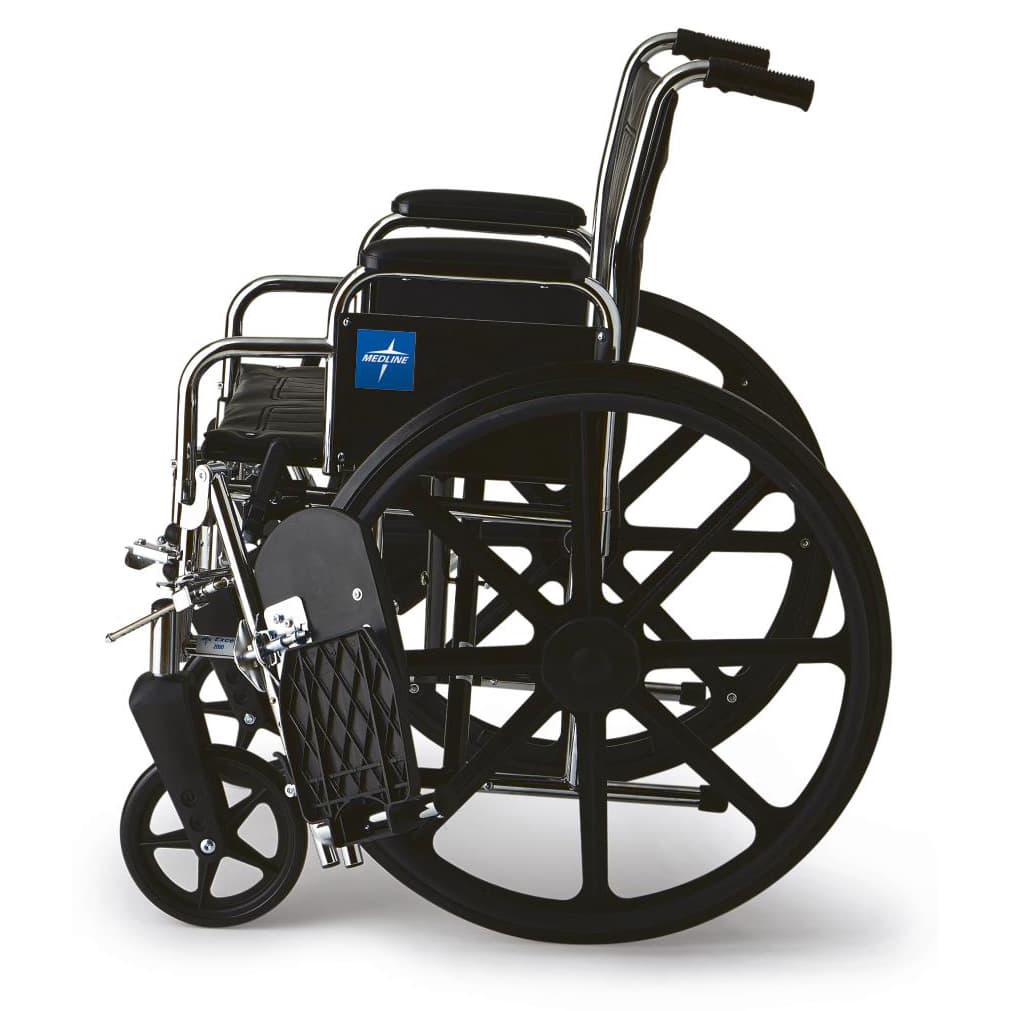 Medline Excel 2000 Standard Wheelchair 20"W x 16"D Seat with Desk Length Arm and Elevating Leg Rests, Black Upholstery - Image 1