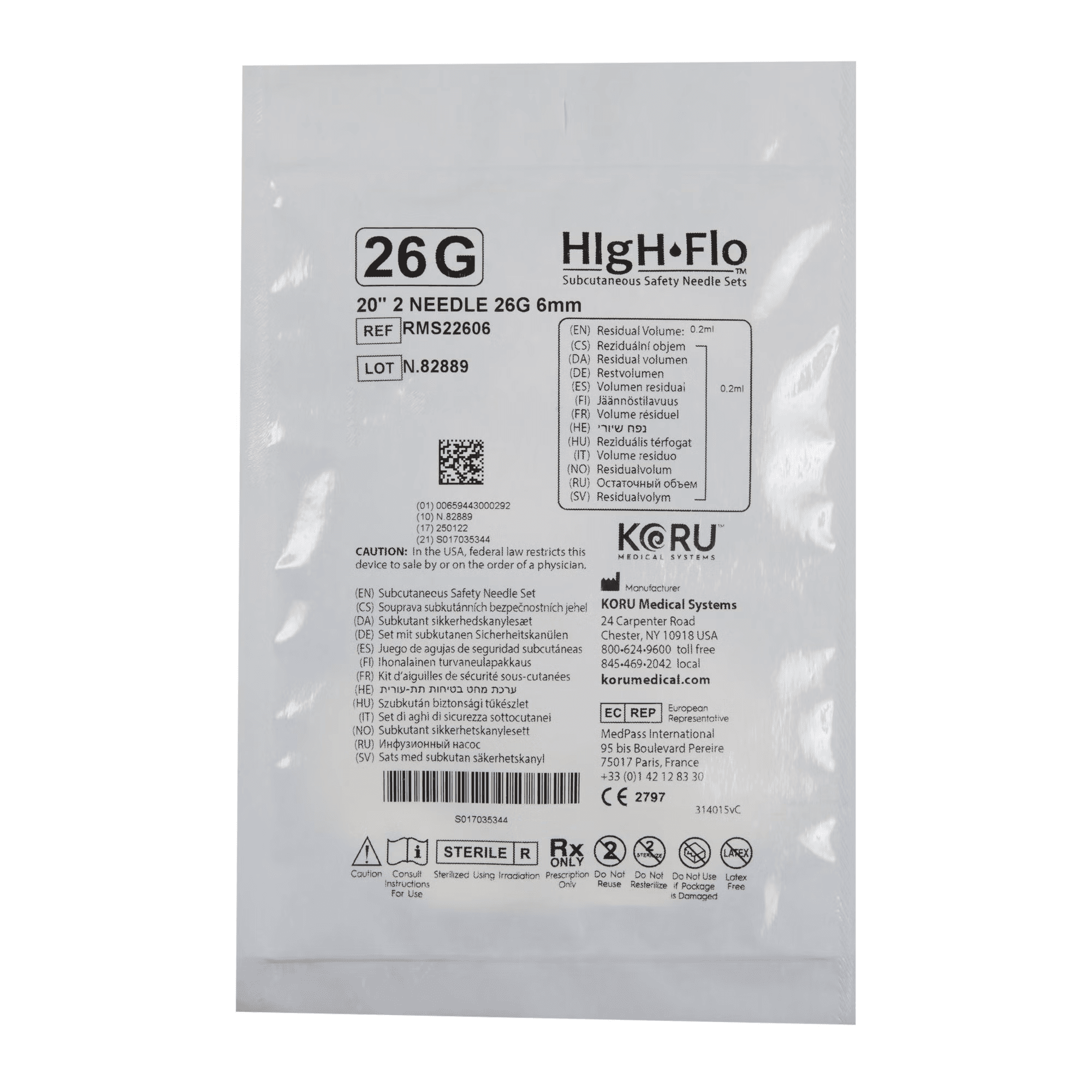 KORU HIgH-Flo2 Sub-Q Infusion Set with Winged Hub, 2 x 26 Gauge, 6 mm, 0.2 mL, 20 Inch - Each - Image 1