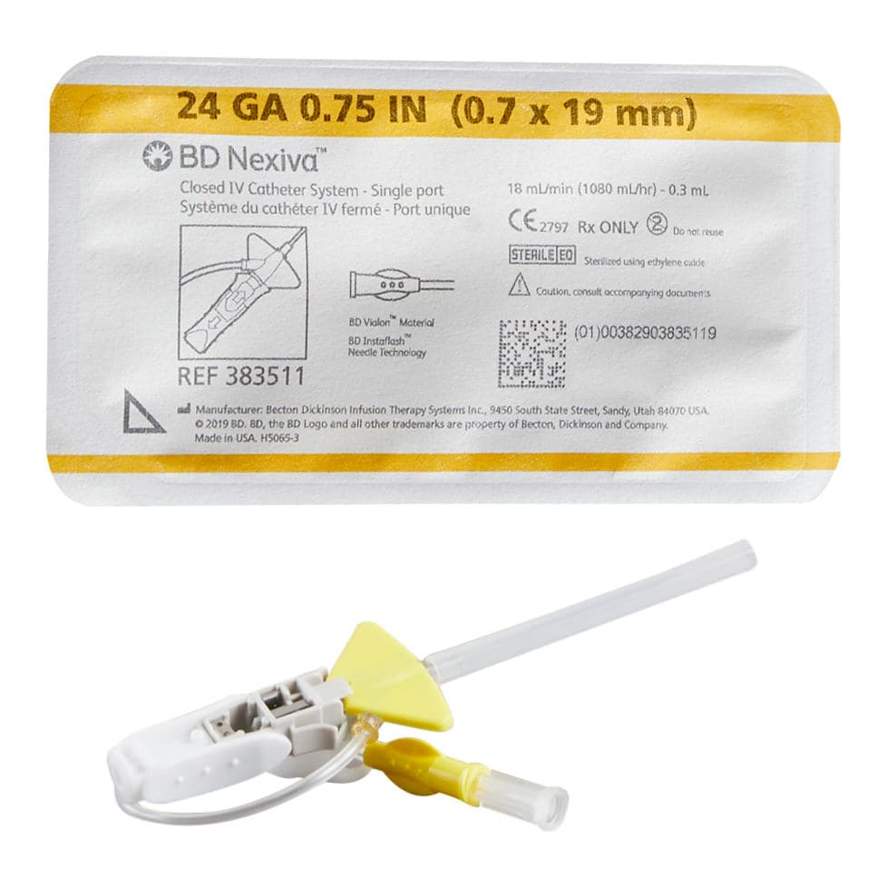 BD Nexiva Sliding Closed IV Catheter, Yellow, 24 Gauge, 0.75 Inch - Each - Image 1