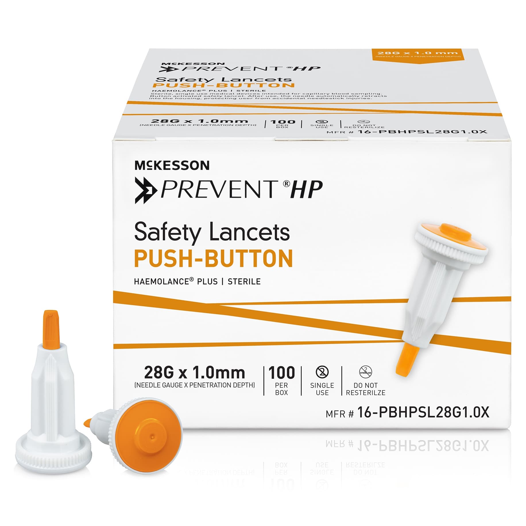 McKesson Prevent HP Safety Lancet with Push Button Activation, Orange, 28 Gauge - Case of 2000 - Image 1