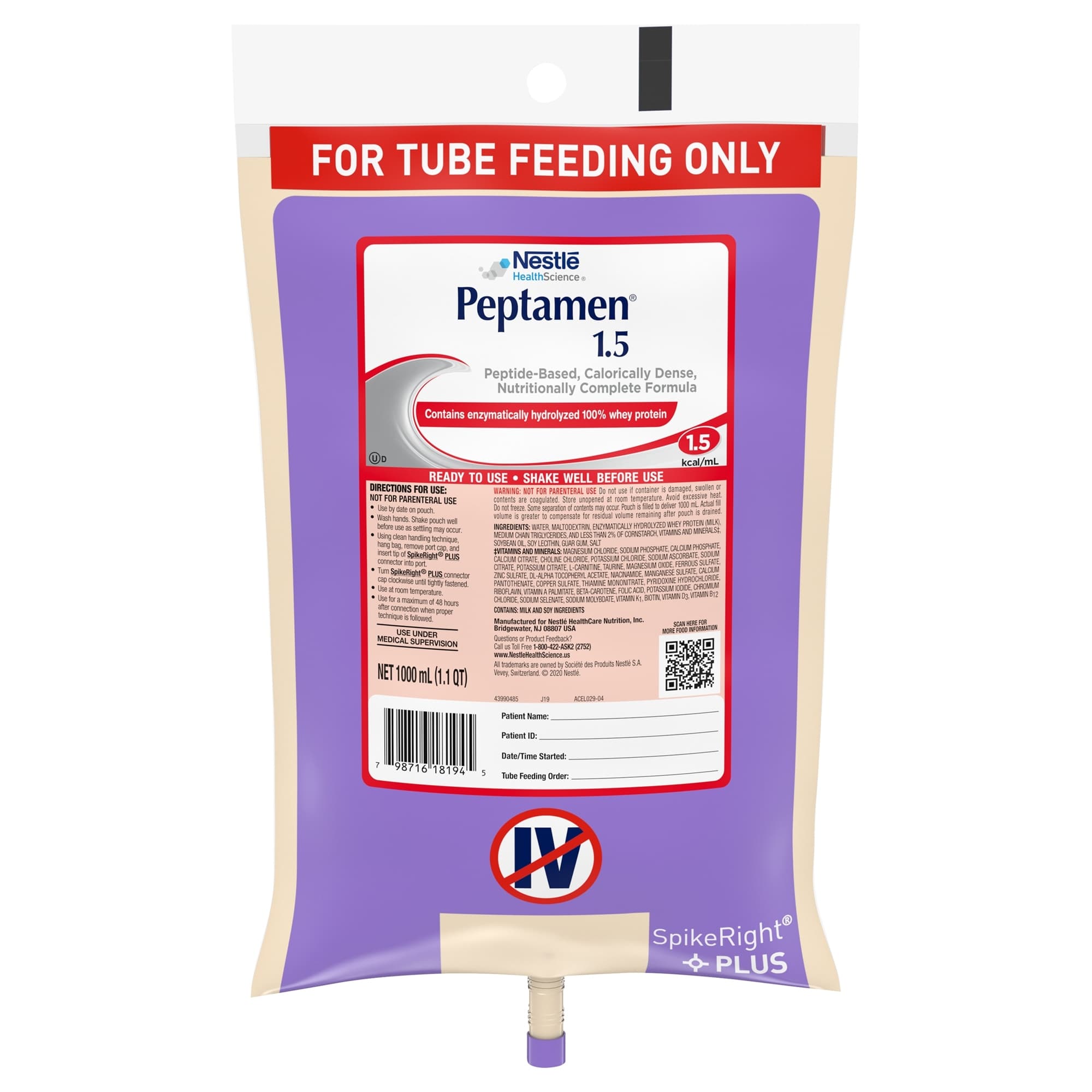 Peptamen 1.5 Peptide Based Calorically Dense Ready to Hang Tube Feeding Formula, Unflavored, 33.8 oz - Each - Image 1