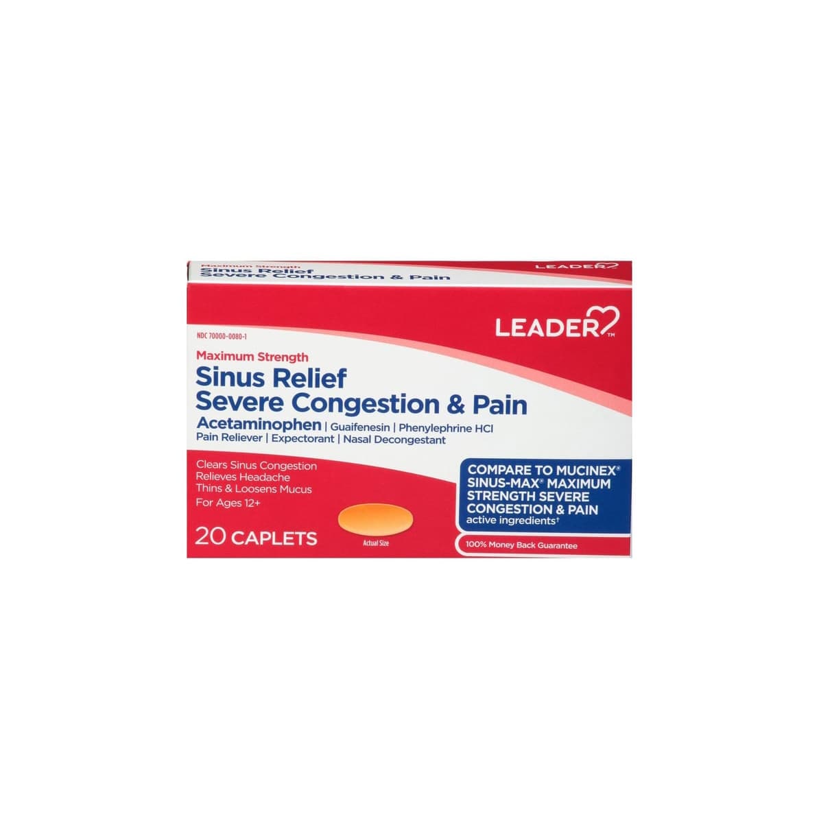 Leader Maximum Strength Sinus Relief Severe Congestion & Pain Caplets - 20 Count - Image 1