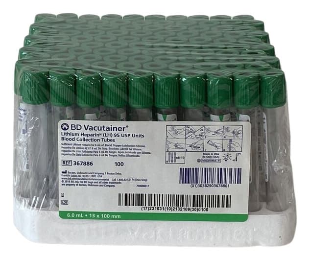 BD Vacutainer Lithium Heparin Tubes, 13 x 100 mm, 6 mL - Box of 100 - Image 1