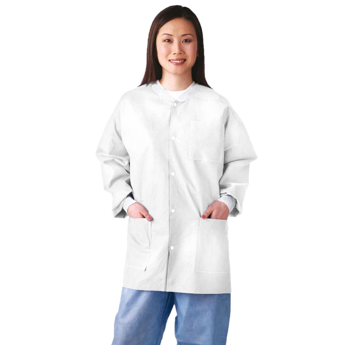 Medline Multilayer SMS Lab Jacket with Knit Cuffs and Collar, White, Large - Case of 30 - Image 1