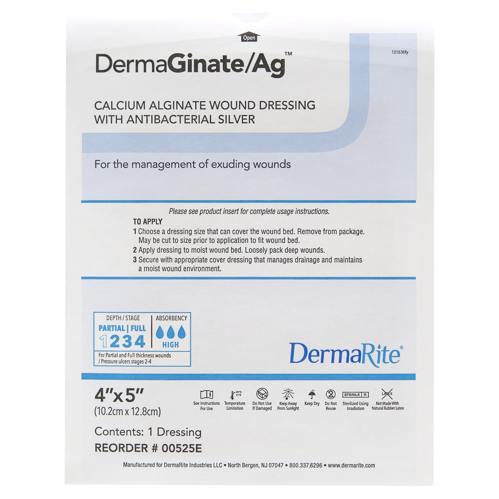 DermaGinate Ag Calcium Alginate Dressing with Antibacterial Silver, 4 x 5 Inch - Each - Image 1