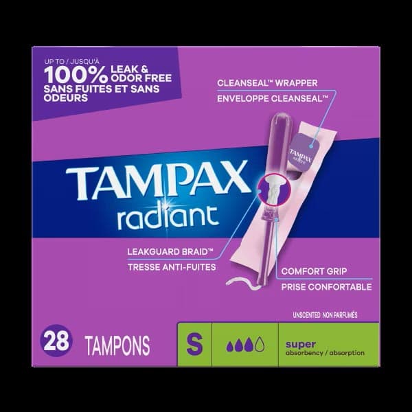 Tampax Radiant Tampons with LeakGuard Braid, Super Absorbency - Box of 28 - Image 1