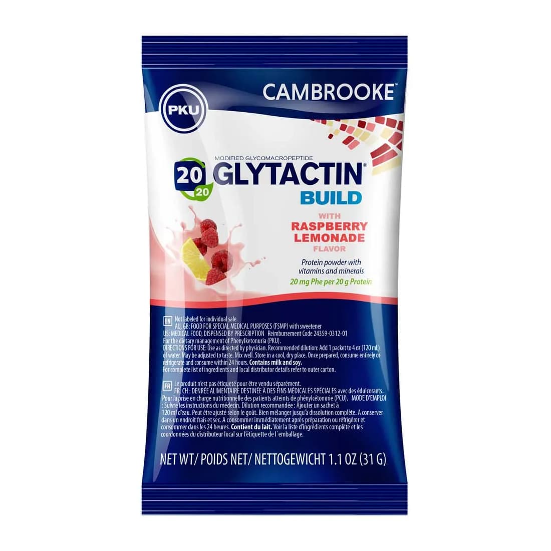 Glytactin Build 20-20 GMP-Based PKU Powdered Formula, Raspberry Lemonade, 1.1 oz - Each - Image 1