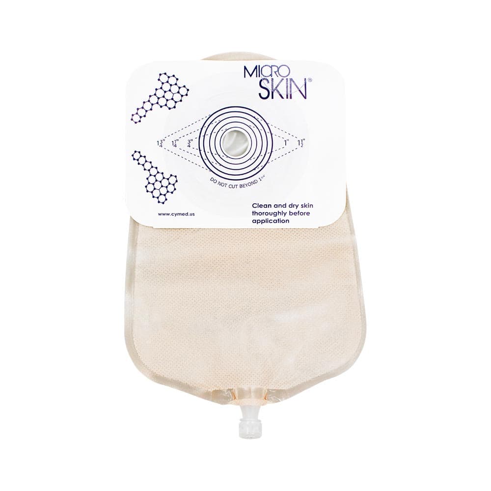 Cymed 9" Clear Urostomy Pouch, 1-1/8 Inch, Plain Barrier - Box of 10 - Image 1