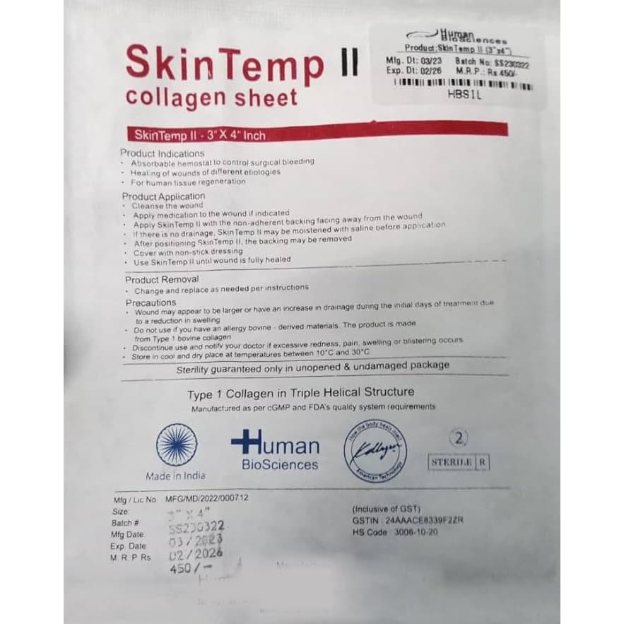 Human Biosciences SkinTemp II Collagen Dressing, 3 x 4 Inch - Image 1