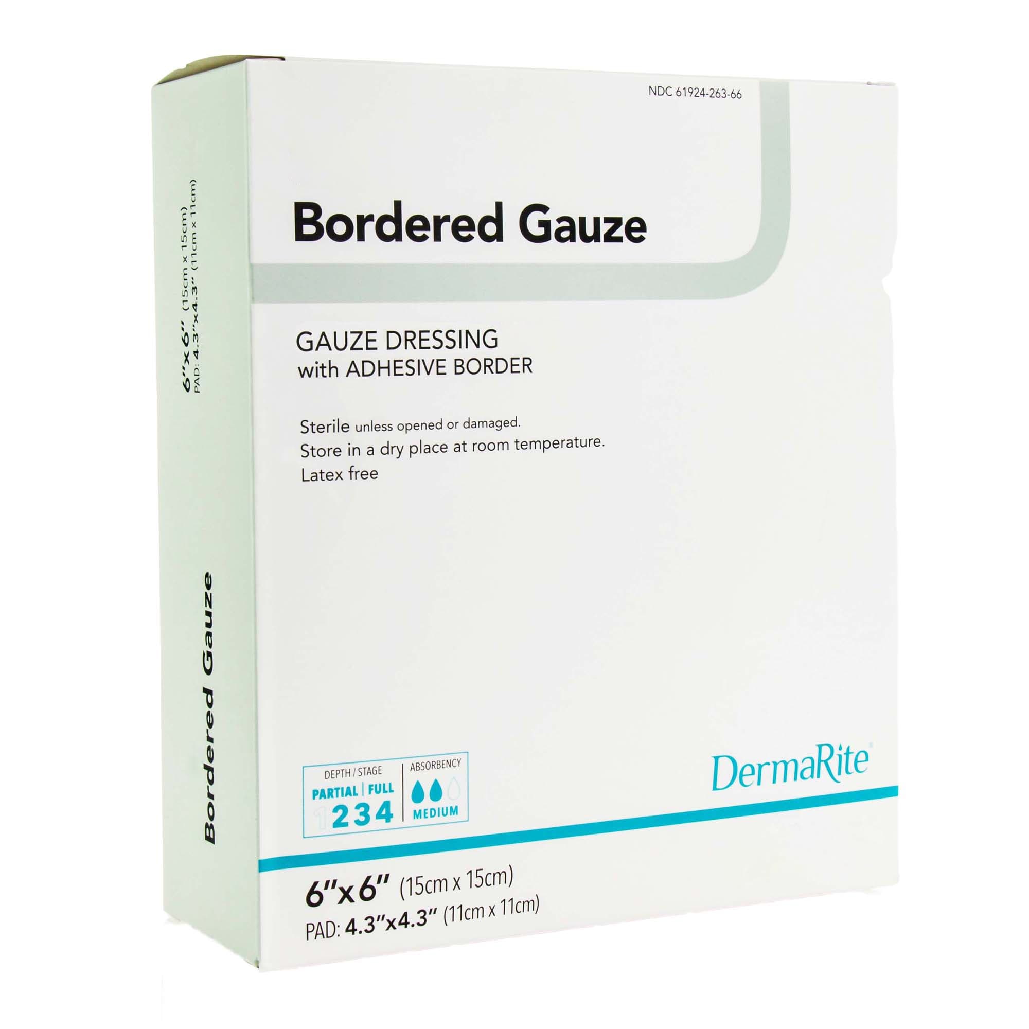DermaRite Bordered Gauze Dressing with Adhesive Border, 6 x 6 Inch - Package of 100 - Image 1