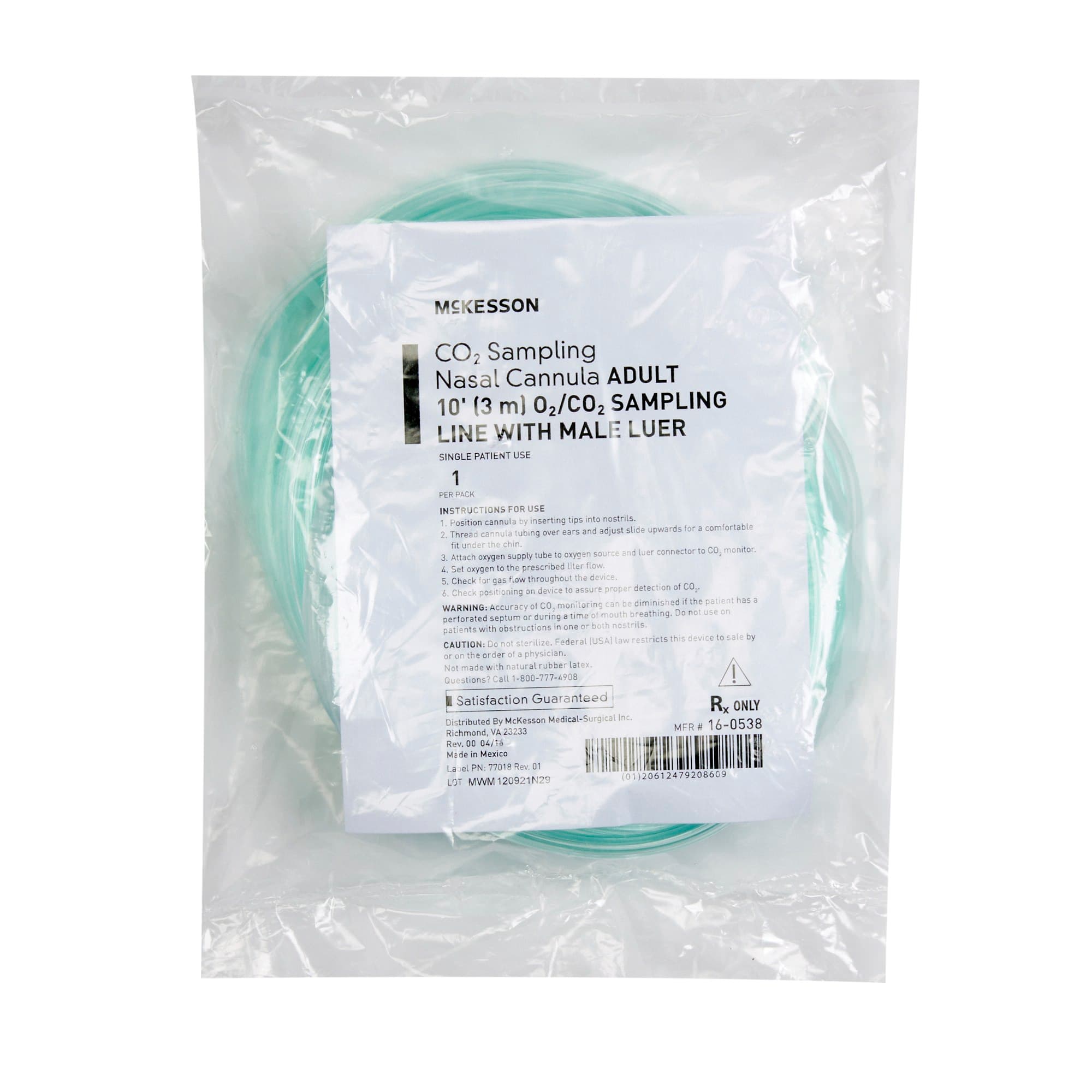 McKesson ETCO2 Nasal Sampling Cannula with O2 Delivery, Green, Male Luer Connector, 10 Foot O2 Line - Case of 25 - Image 1