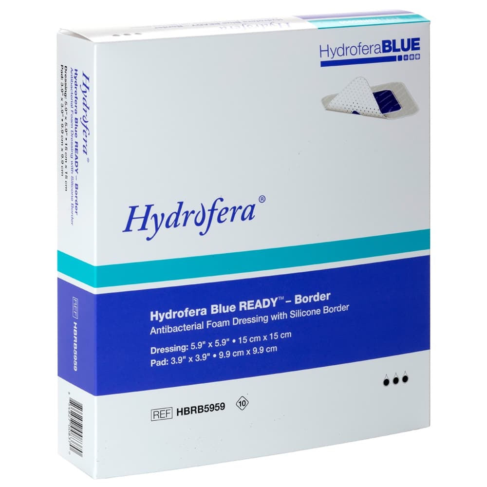 Hydrofera Blue Ready Border Antibacterial Foam Dressing, 5.9 x 5.9 Inch - Box of 10 - Image 1