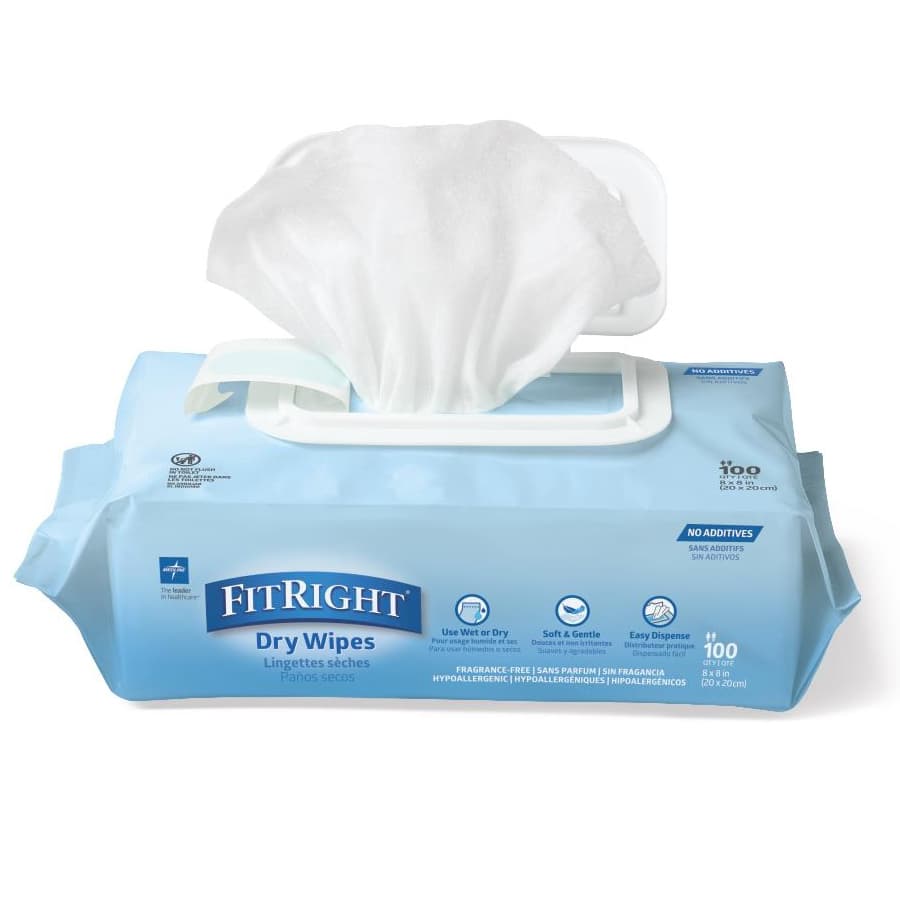 FitRight UltraSoft Dry Personal Wipes, 8 x 8 Inch - Package of 100 - Image 1