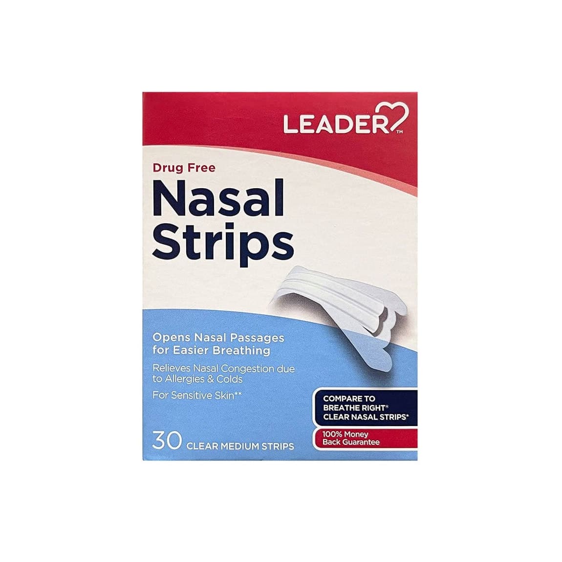 Leader Drug-Free Nasal Strips, Medium, Clear, 30 Count - Each