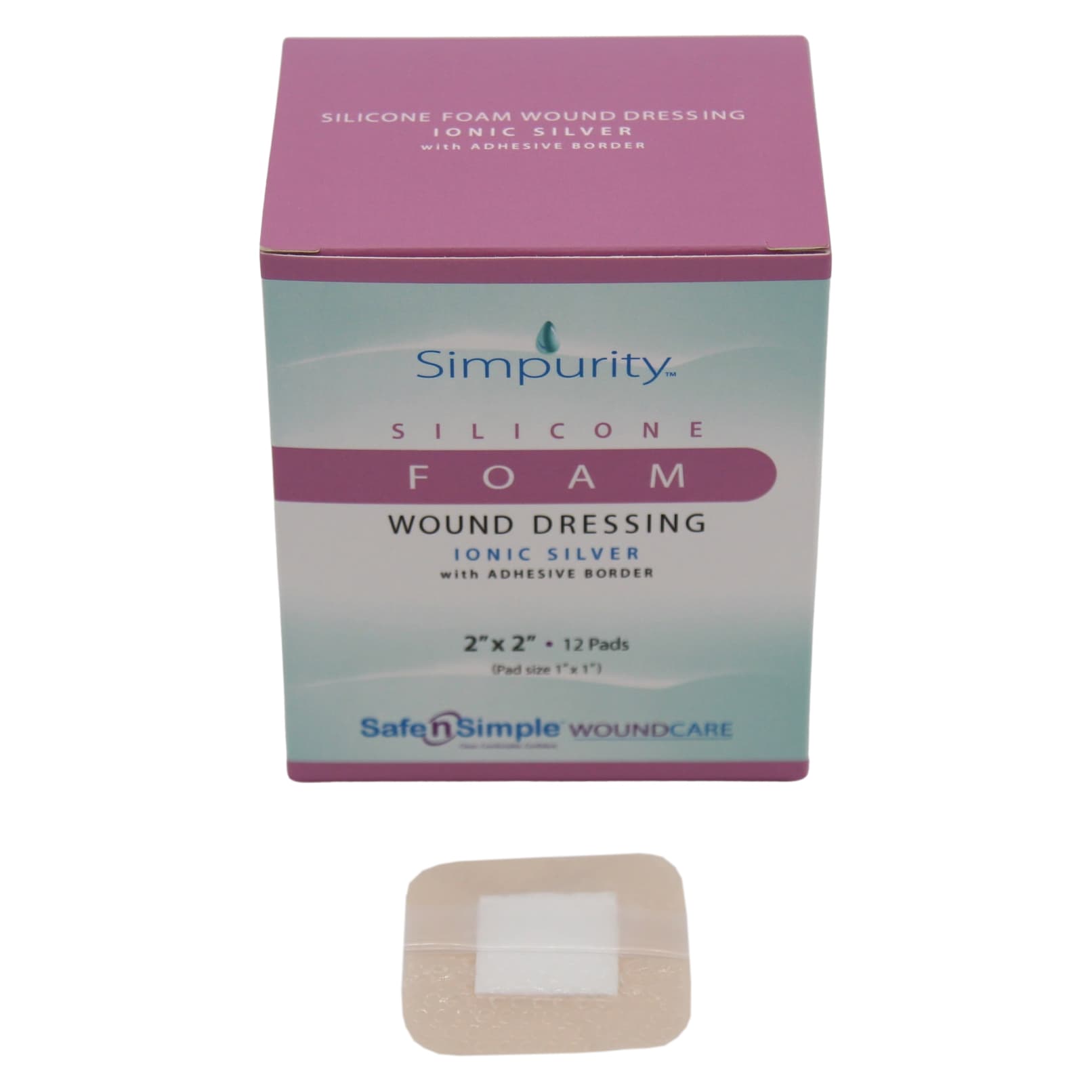 Simpurity Silver Silicone Foam Wound Dressing with Adhesive Border, 2 x 2 Inch, Pad Size 1 x 1 Inch - Box of 12 - Image 1