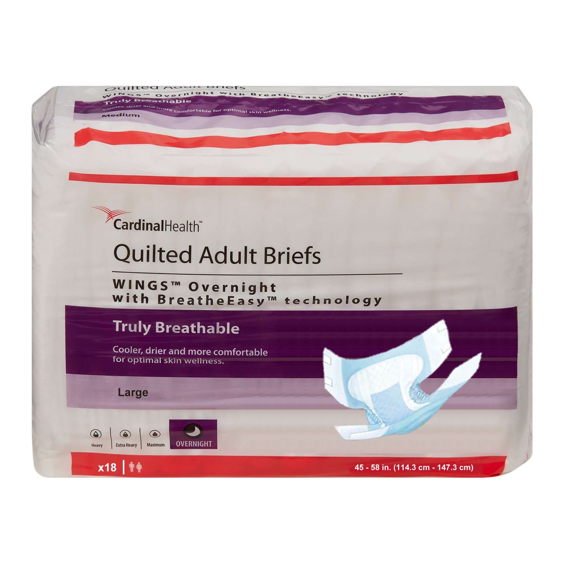 Cardinal Health Wings Overnight Quilted Adult Briefs, Large - Case of 72 - Image 1