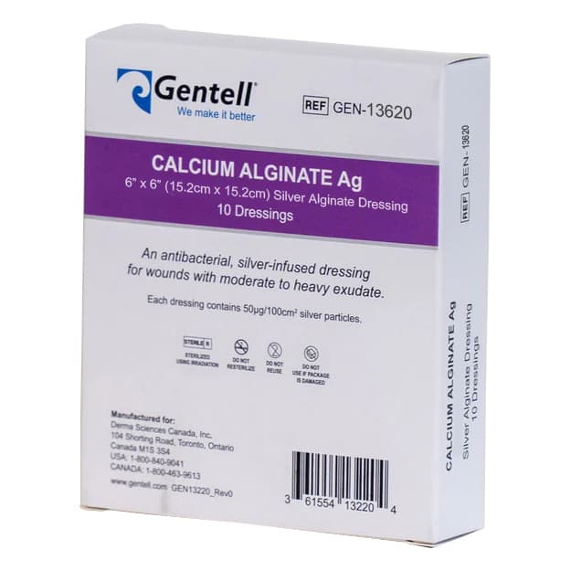 Gentell Calcium Alginate Ag Silver Dressing, 6 x 6 Inch - Box of 10 - Image 1