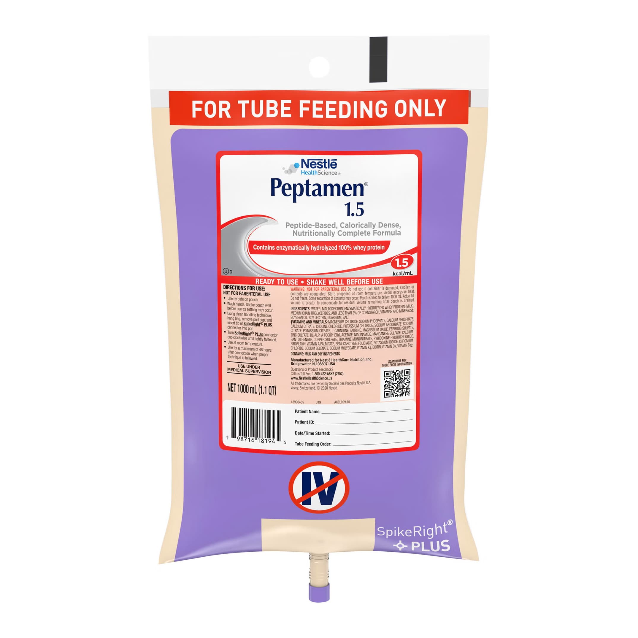 Peptamen 1.5 Peptide Based Calorically Dense Ready to Hang Tube Feeding Formula, Unflavored, 33.8 oz - Case of 6 - Image 1