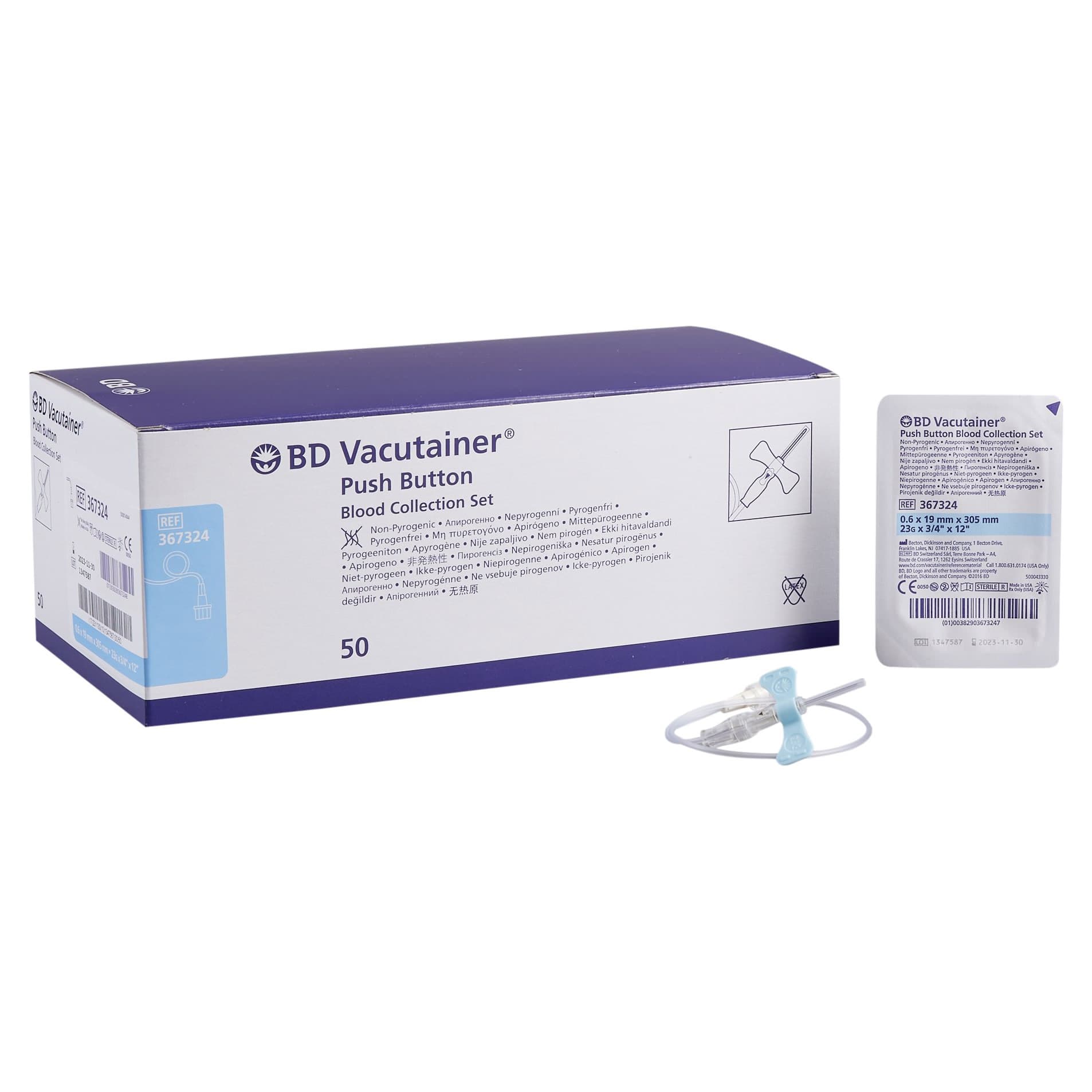 BD Vacutainer Push Button Blood Collection Set Without Luer Adapter, Winged, 23 Gauge - Case of 200 - Image 1