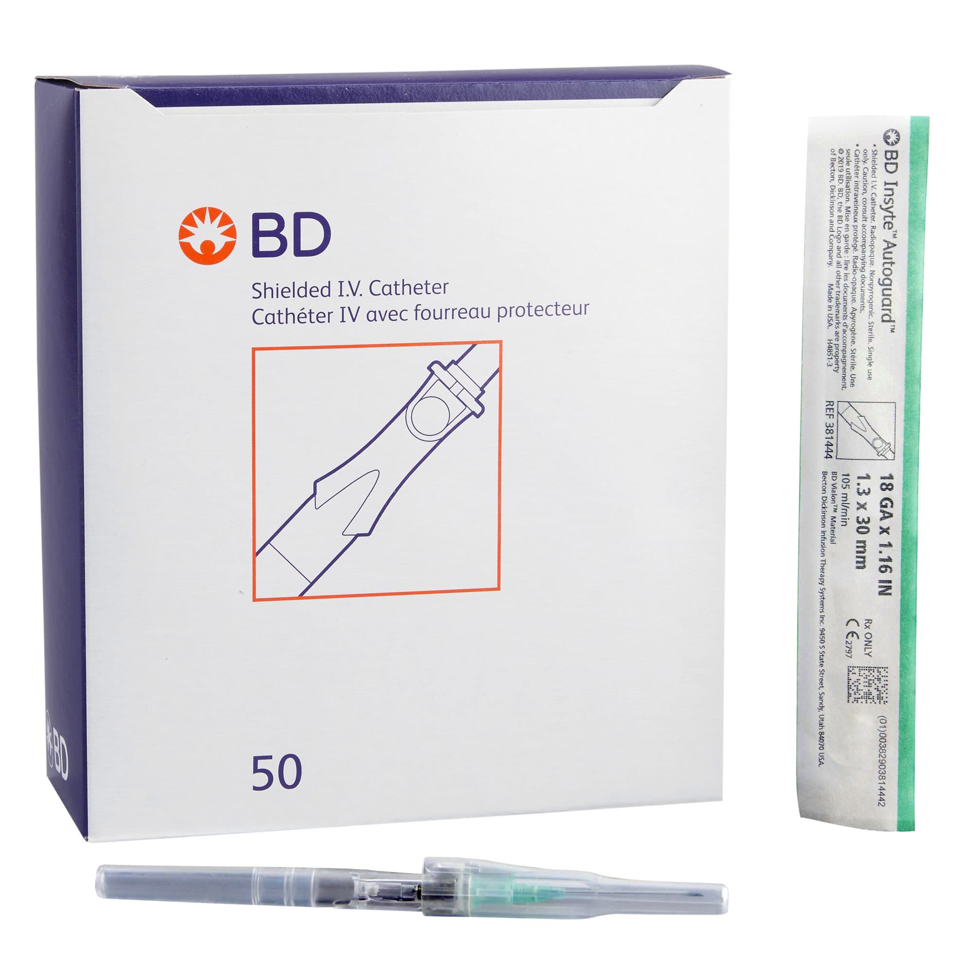 BD Insyte Autoguard Vialon Shielded Peripheral IV Catheter, 18 Gauge, 1.16" - Case of 200 - Image 1