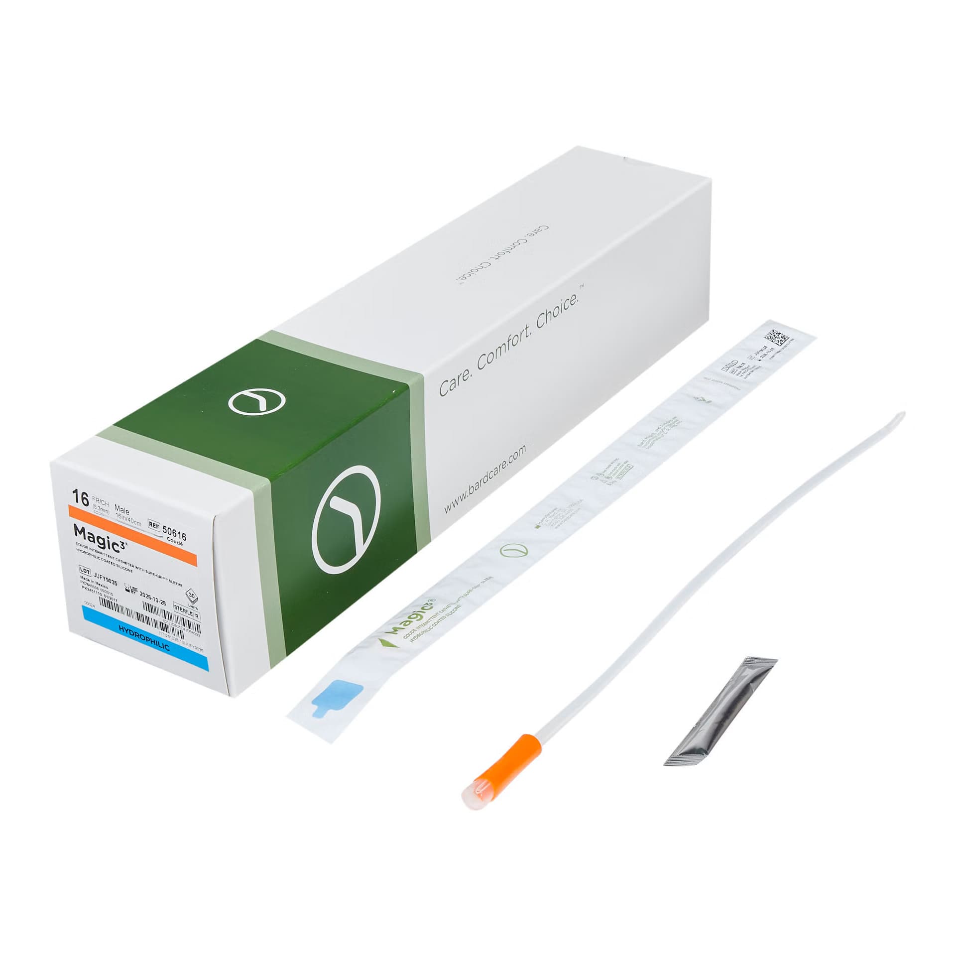 MAGIC3 Intermittent Catheter with SURE-GRIP Insertion Sleeve, Male, Coude Tip, 16 Fr, 16" - Box of 30 - Image 1
