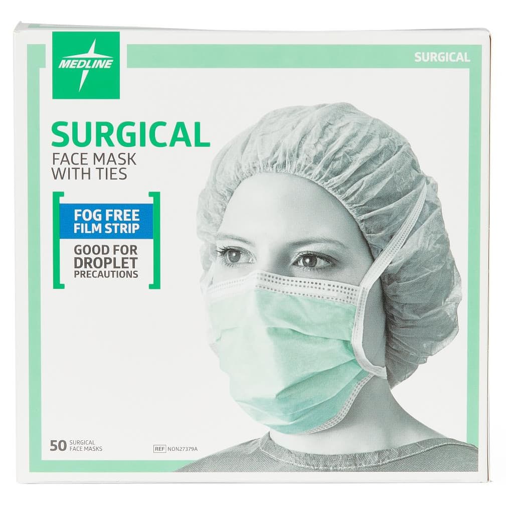 Medline Surgical Face Mask with Ties and Anti-Fog Film Strip, 3 Ply - Image 1