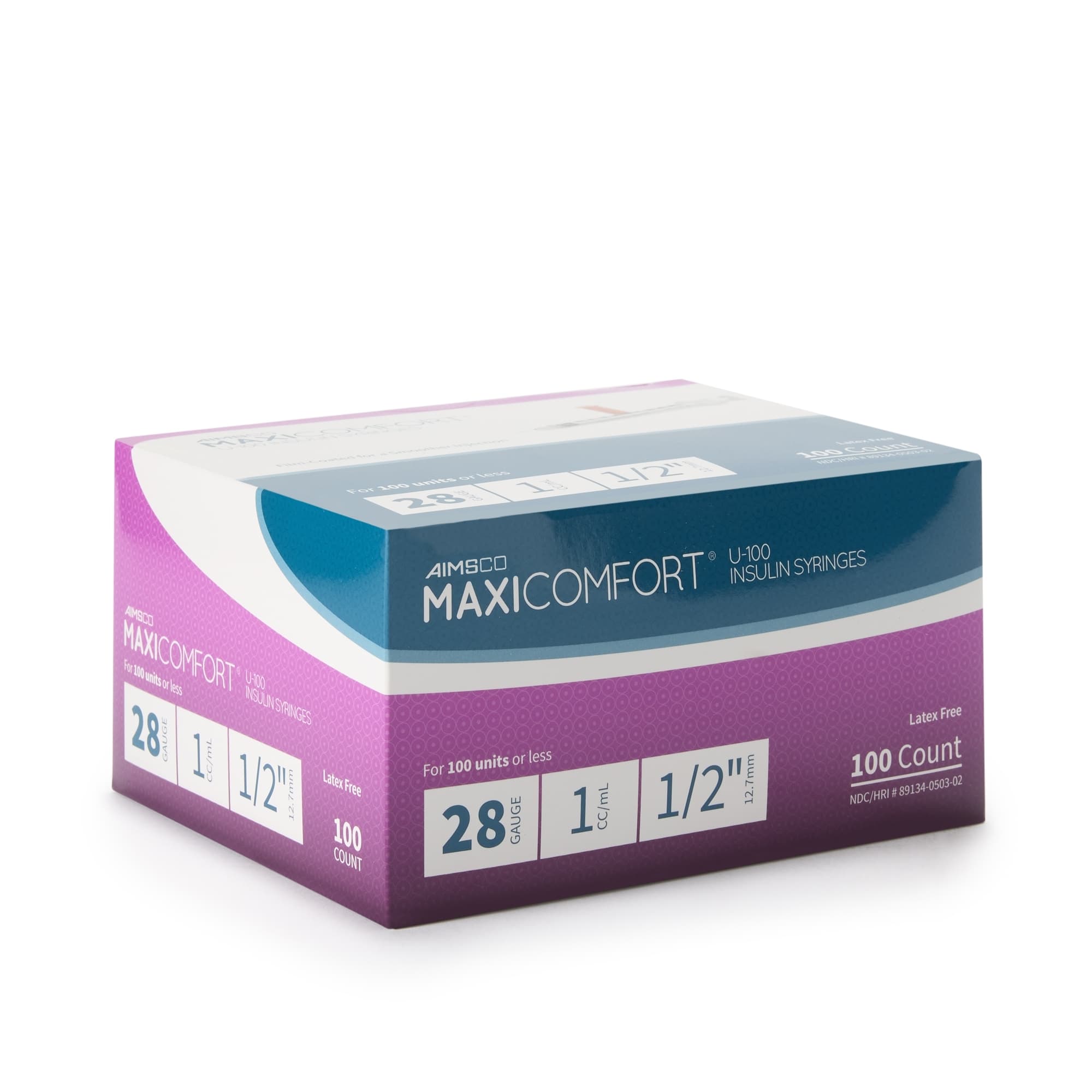AIMSCO Maxicomfort Standard U-100 Insulin Syringe with Needle, 28 Gauge, 0.5 Inch, 1 mL - Case of 500 - Image 1