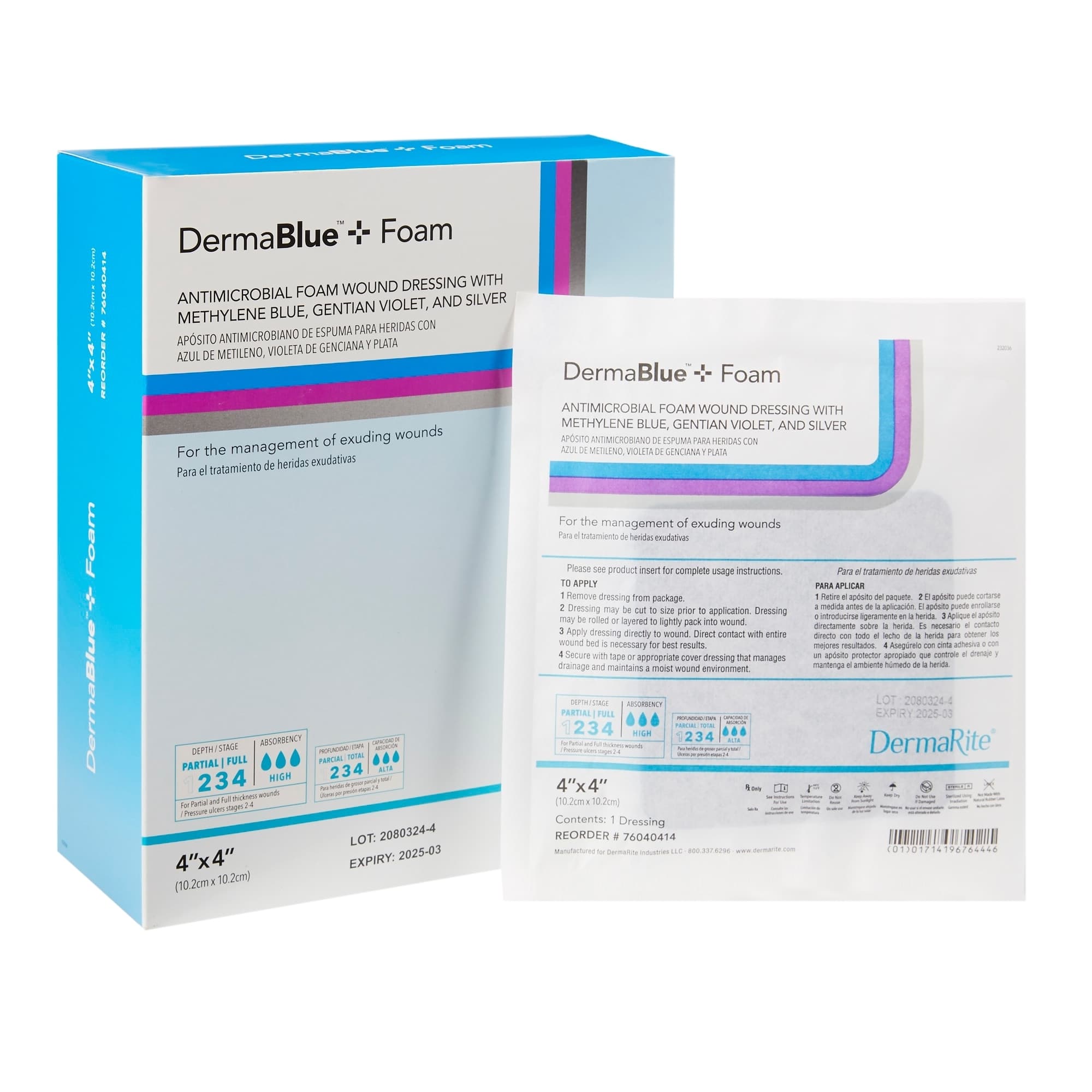 DermaBlue+ Foam Silver Antimicrobial Foam Wound Dressing, 4 X 4 Inch - Box of 10 - Image 1