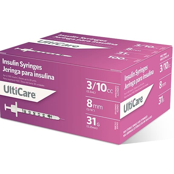Ultimed UltiCare U-100 Insulin Syringes, 31 Gauge, 3/10 ML - Box of 100 - Image 1