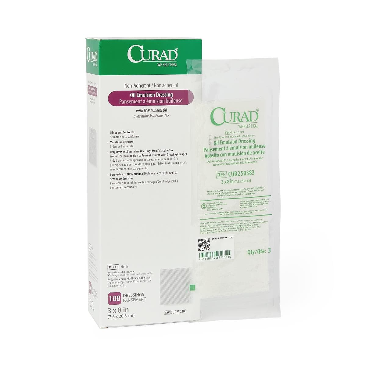 Medline Curad Oil Emulsion Gauze Dressing, Sterile, 3" x 8" - Box of 108 - Image 1