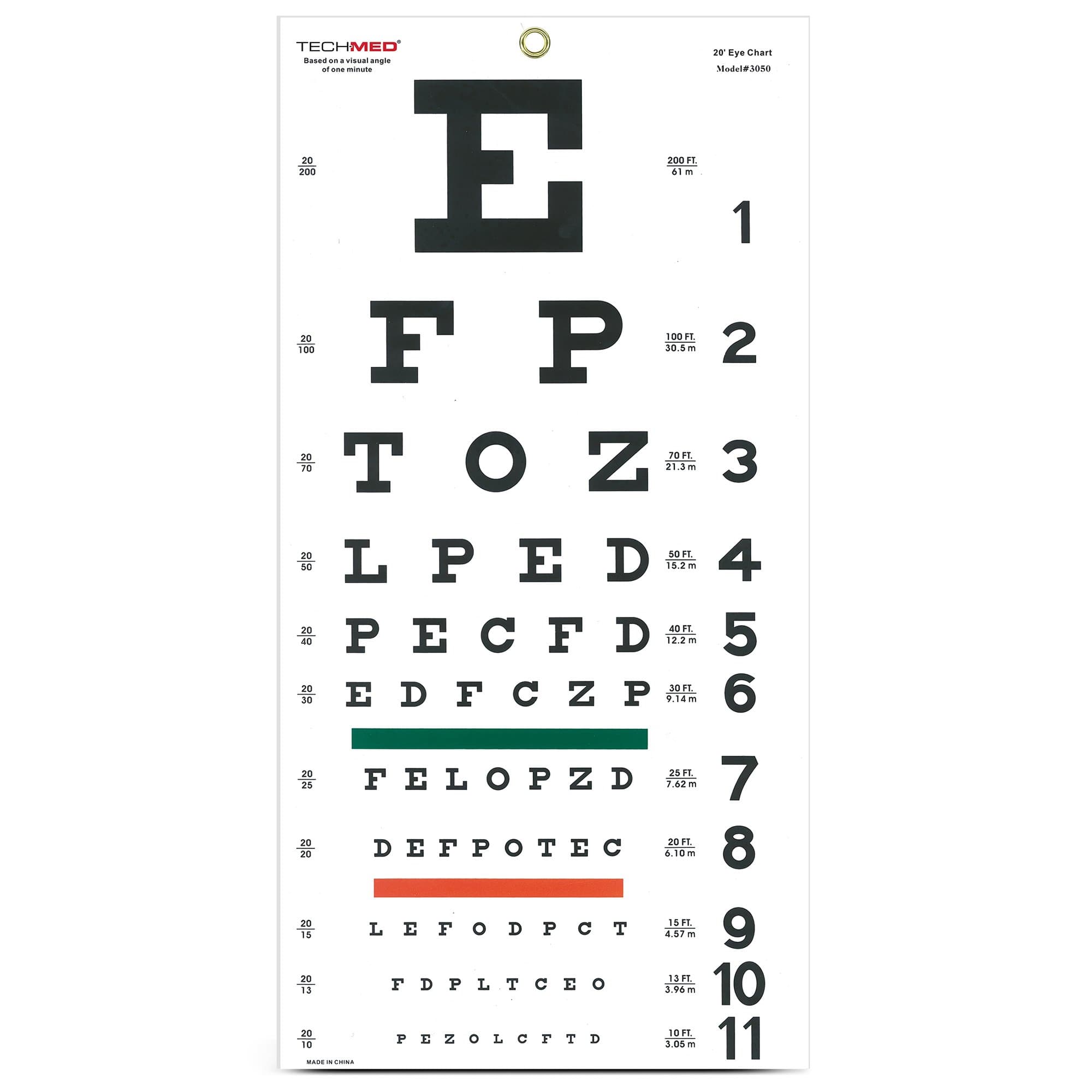 Tech-Med Snellen Eye Chart, 20 ft Distance Visual Acuity Test - Image 1