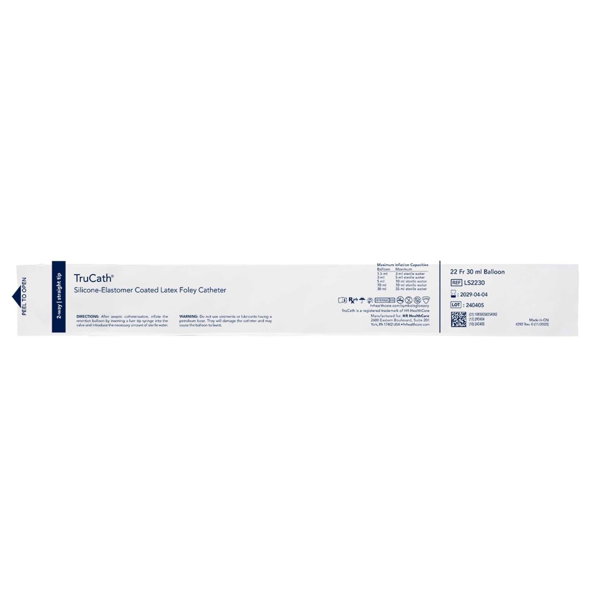 TruCath Silicone-Elastomer Coated Latex 2-Way Foley Catheter, Standard Tip, 22 Fr, 30 mL - Case of 12 - Image 1