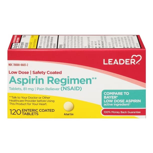 Leader Low Dose Aspirin, 81Mg Safety Coated Tablets - Pack of 120