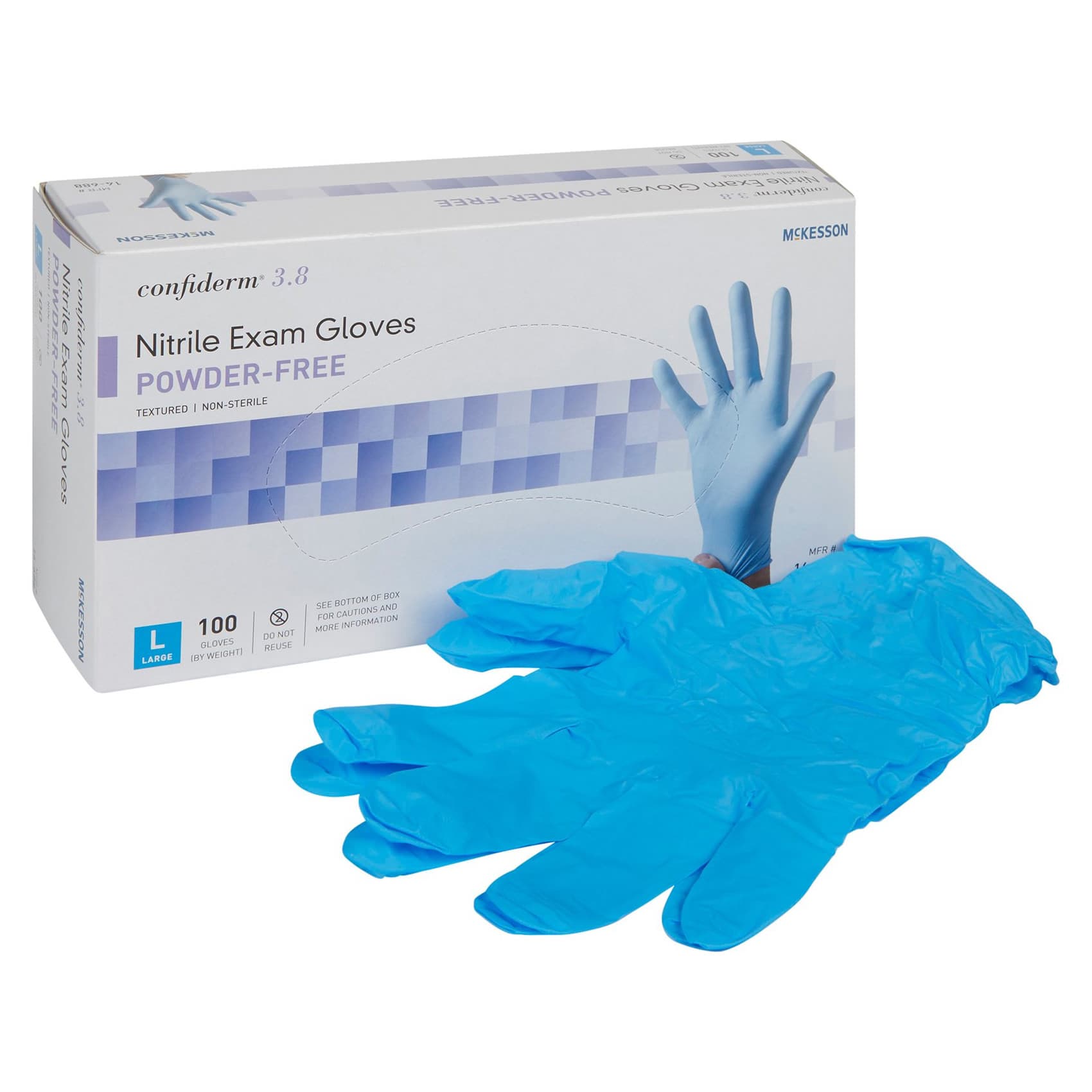 McKesson Confiderm 3.8 Nitrile Powder Free Exam Gloves, Blue, Large - Box of 100 - Image 1