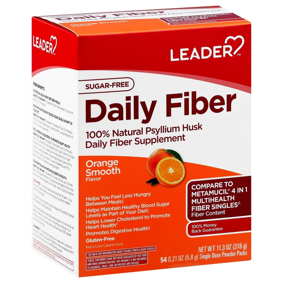 Leader Sugar-Free Daily Fiber, Orange Smooth Flavor Powder, Single Dose Packs - Box of 54 - Image 1
