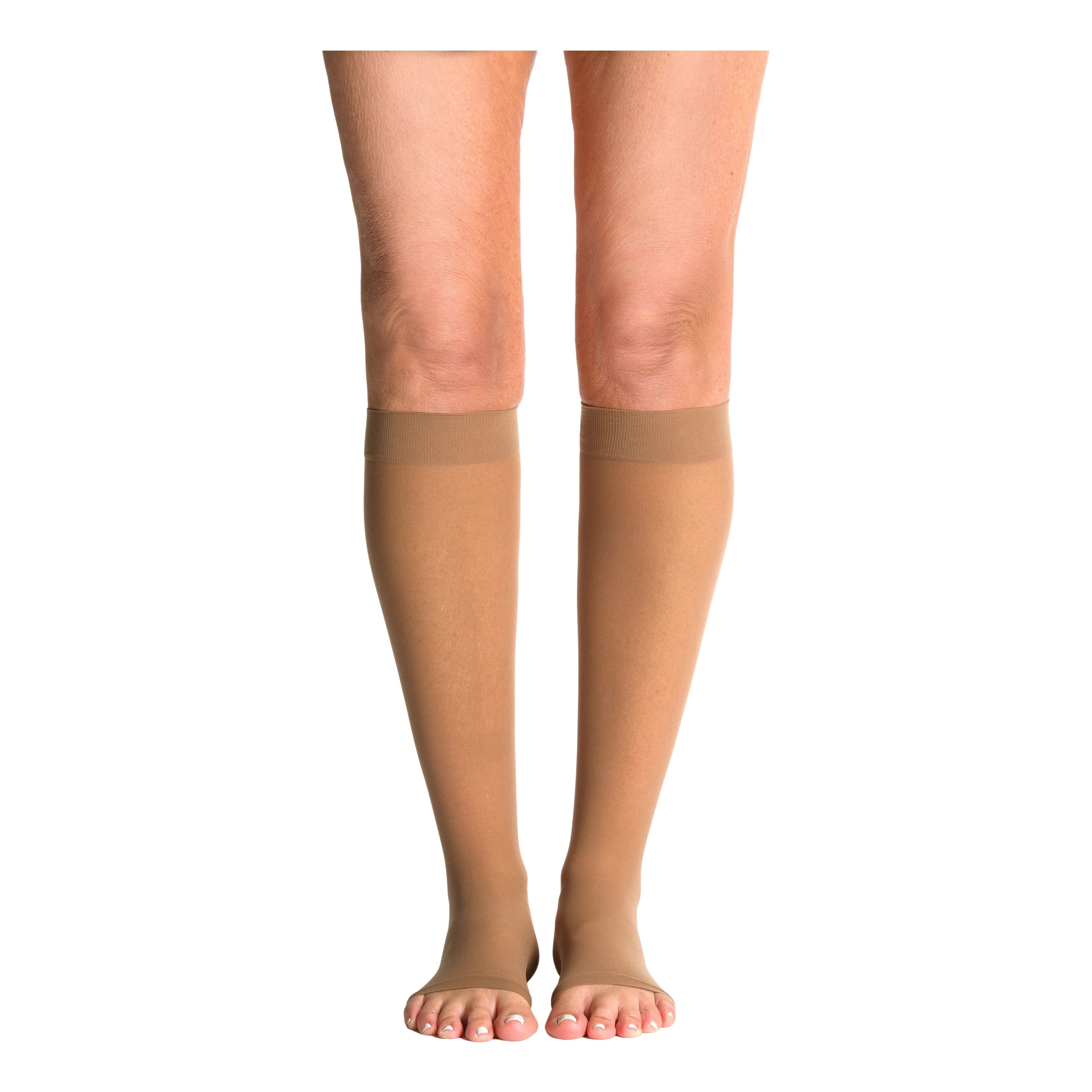 Sigvaris Women's Style Sheer Calf High Compression Socks Open Toe, 30-40mmHg Large-Long, Cafe - Pair - Image 1
