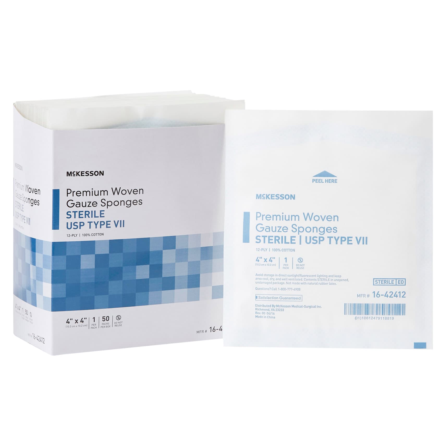 McKesson USP Type VII Gauze Sponge White 12-Ply Square Sterile, 4 x 4 Inch - Box of 50 - Image 1