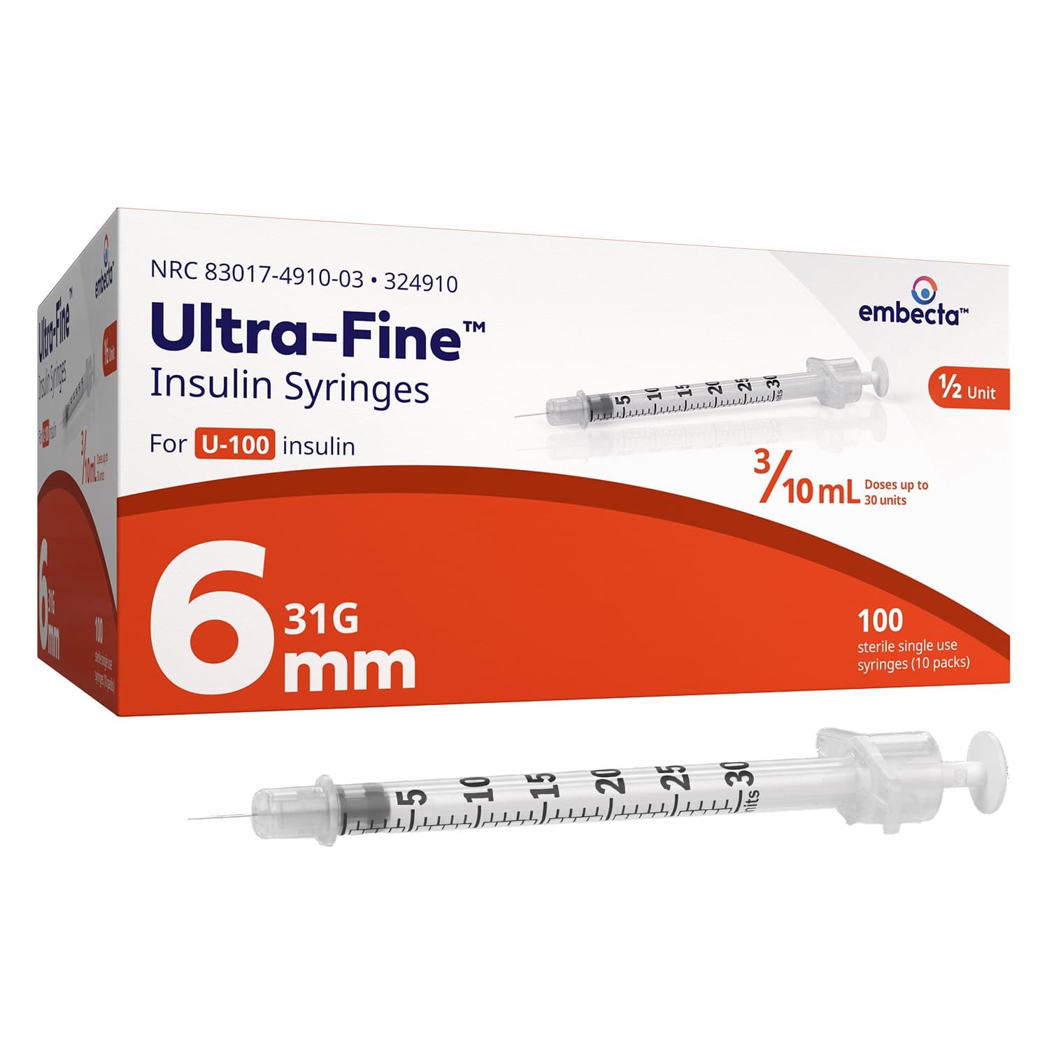 Embecta Ultra-Fine Insulin Syringes, Short Bevel, 31 Gauge, 6 mm, 0.3 mL - Box of 100 - Image 1