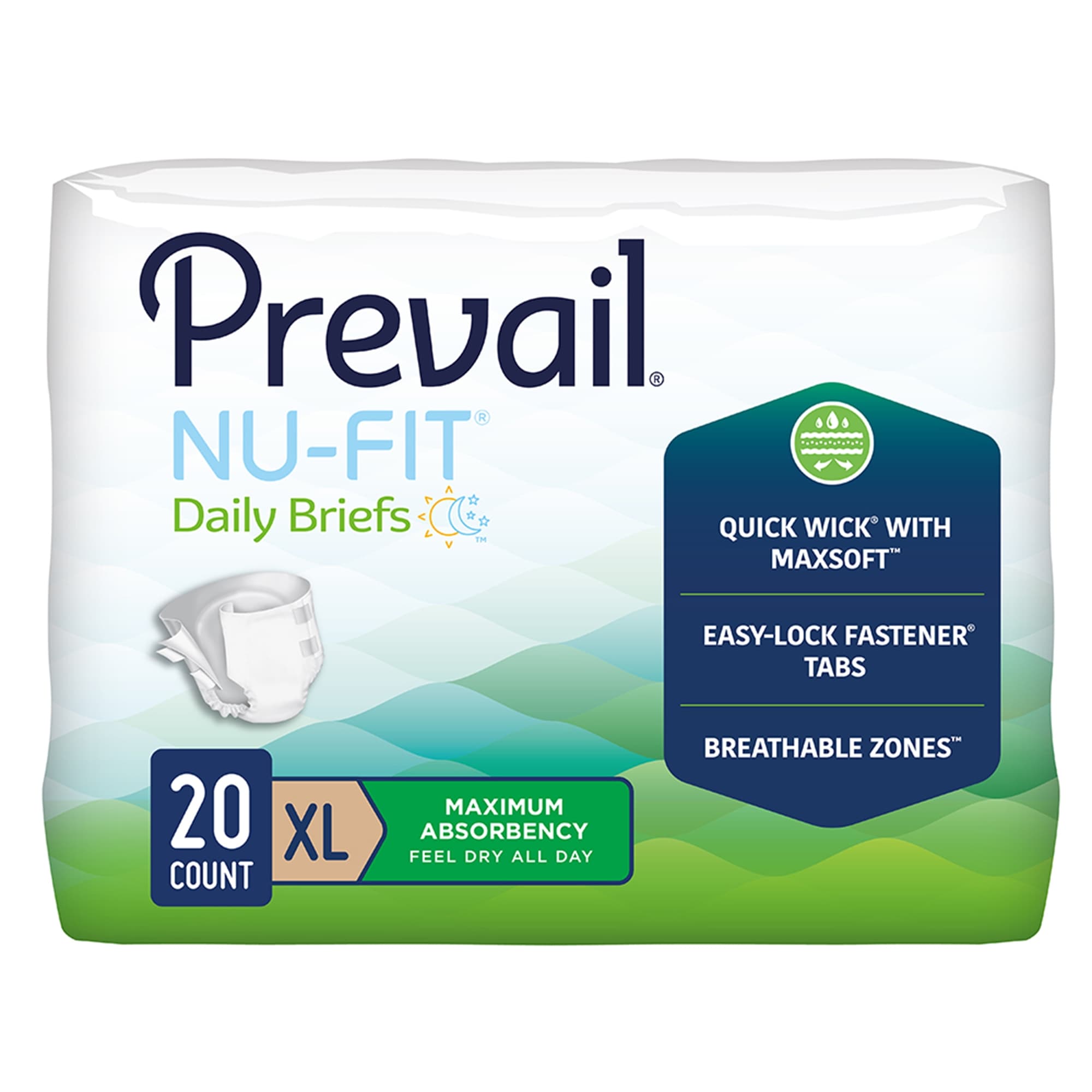 Prevail Nu-Fit Incontinence Adult Daily Briefs, Extra Large - Bag of 20 - Image 1