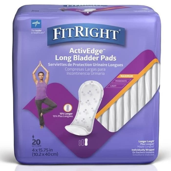 FitRight ActivEdge Women's Bladder Control Pads, Long, Maximum Absorbency - Case of 120 - Image 1